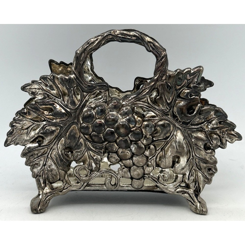VTG Godinger Silver Plate Napkin Holder 90s Grapes Grapevine Motif  5 1/8x 6 5/8